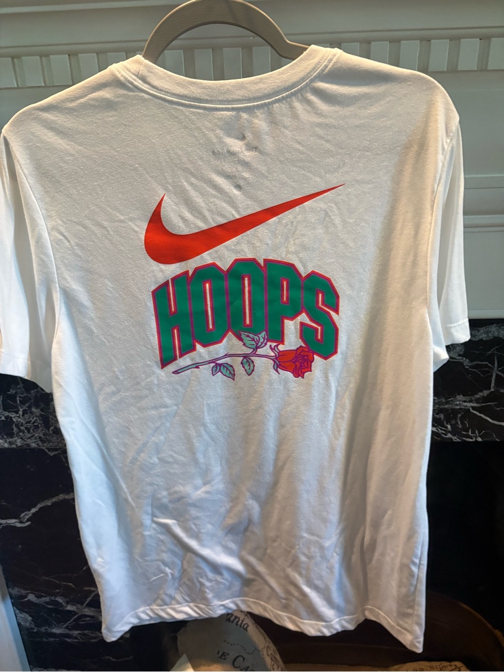 Nike White Short Sleeve Tee with Red Swoosh and Green HOOPS Graphic